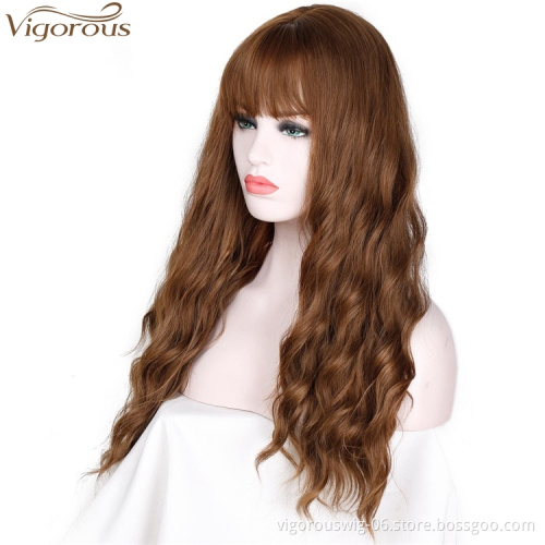 Vigorous Long Wavy Women's Wig 24 Inch Synthetic Brown Hair With Bangs Natural Wavy High Temperature Fiber Wig